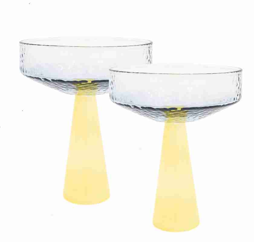2st champagneglas med bl� kupa och ogenomskinligt gul fot