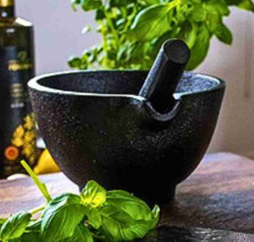 gjutj�rnsmortel p� b�nk med basilika 