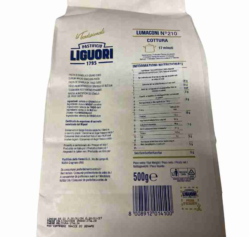 Lumaconi stora pastasn�ckor Liguori baksidan av f�rpackningen