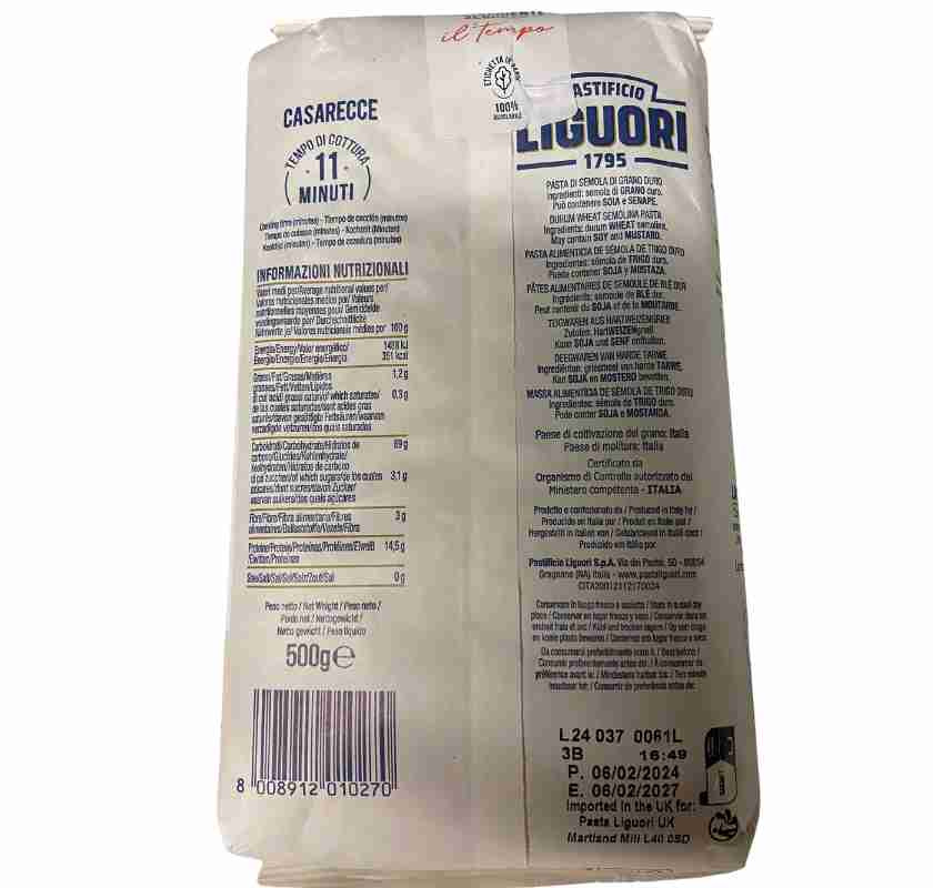 Liguori Strozzapreti Casarecce No 27 IGP 500 g baksida p� f�rpackningen 