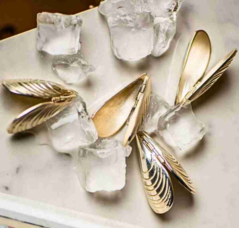 Musselbestick, mussel eaters fr�n Culinary Concepts, och isbitar p� marmorb�nk.