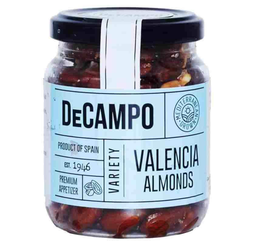 Valenciamandel saltad med skal DeCampo. Bruna mandlar i burk med bl� etikett och svart lock