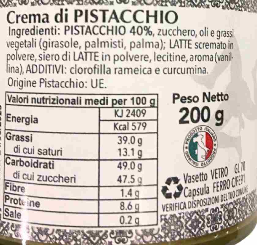 Pistagekr�m Crema al Pistachio Le Tre Castagne dell''Etna�etikett med inneh�ll