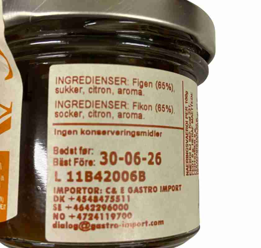 Senga Fikon-Mostarda i glasburk ingredienser