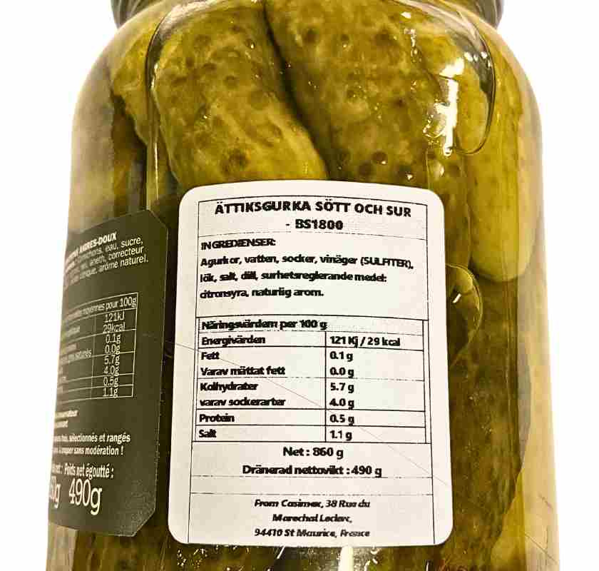 Cornichons aigre-doux Bornibus, inlagda gurkor, svensk etikett