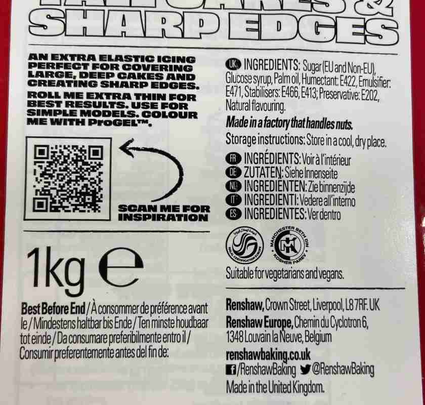 Sugarpaste Renshaw vit 1kg baksidan av f�rpackningen