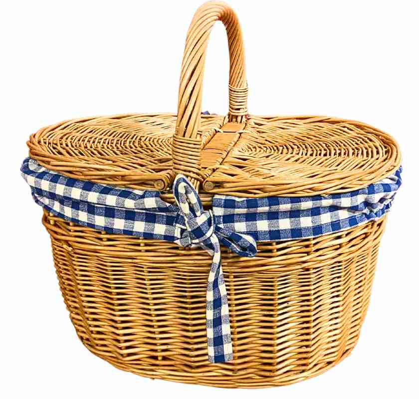 Picknick-korg i pil med lock och bl�rutigt tyg