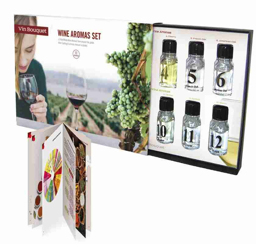 Sm� flaskor med aromer i doftl�da 12st aromer f�r viner, Set Aromas de Vin fr�n Vin Bouquet 