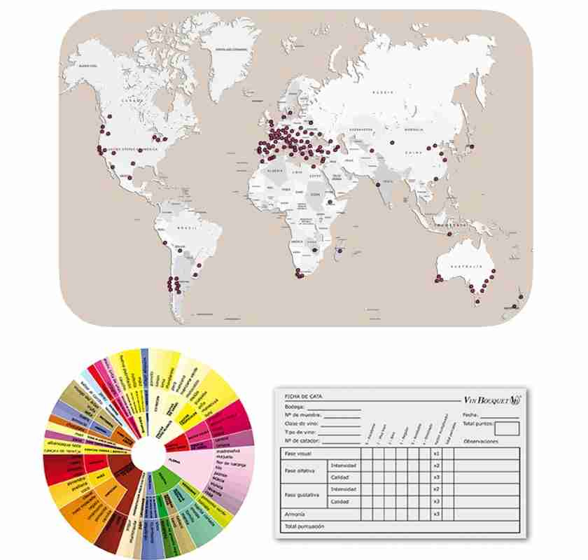 Aromsettet f�r vinprovning inneh�ller karta �ver vinodlingsplatser p� jorden, aromhjul och anteckningsblock