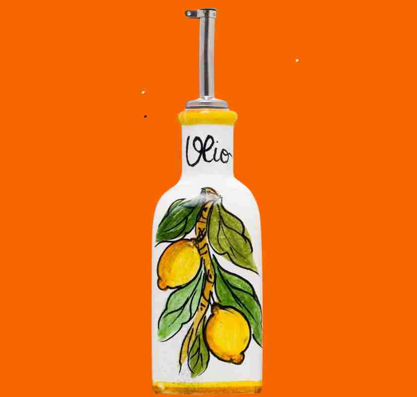 Olivoljekanna i keramik kantig med citroner 250 ml mot orange