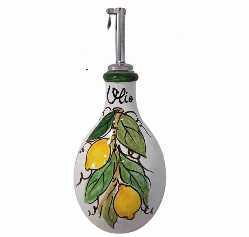 Olivoljeflaska rund i keramik med citroner frilagd