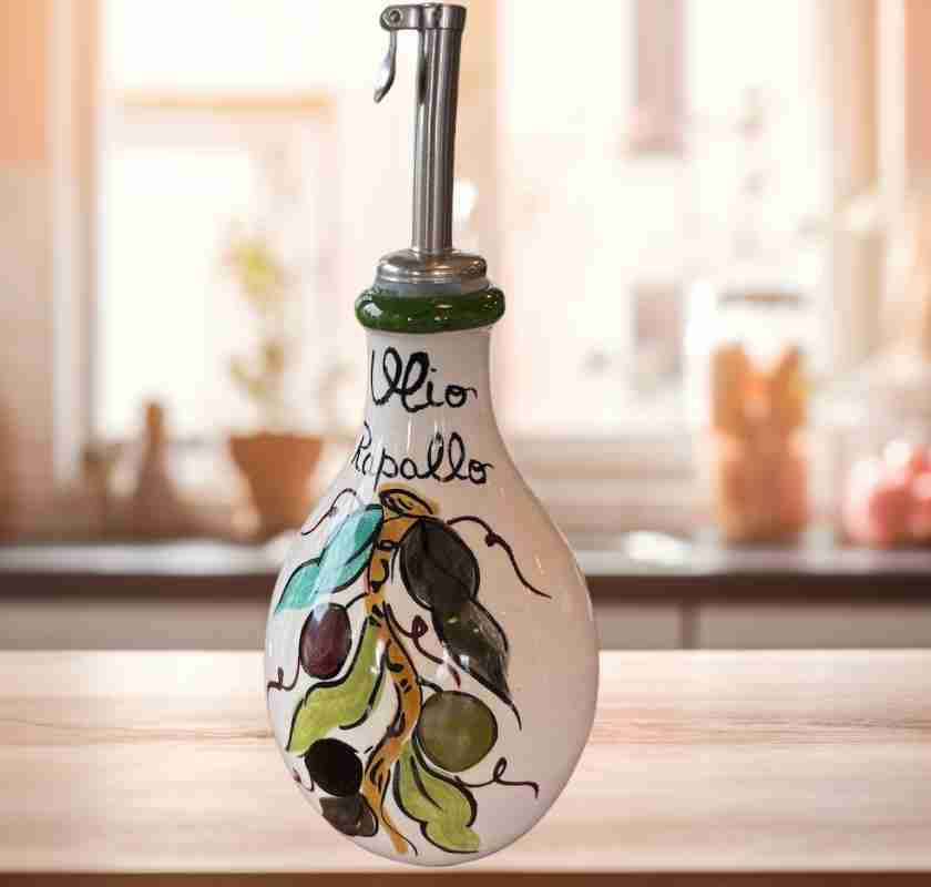 Olivoljeflaska rund i keramik handm�lad med oliver Giovacchino Barni