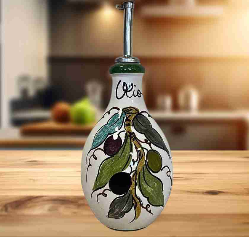 Olivoljeflaska rund i keramik handm�lad med oliver Giovacchino Barni