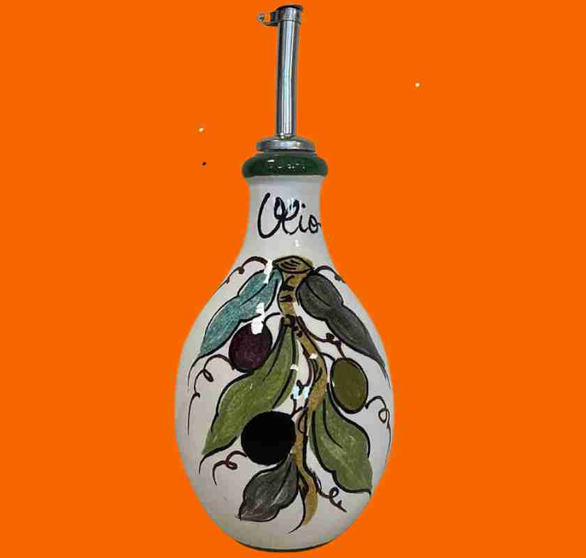 Olivoljeflaska rund i keramik handm�lad med oliver Giovacchino Barni