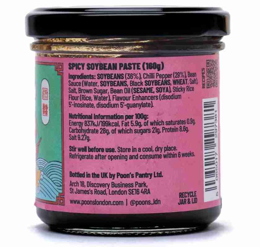 N�rbild p� etiketten f�r Poon''s Doubanjiang som visar ingredienser och ursprung