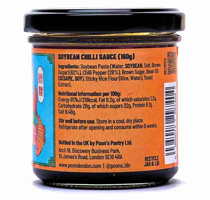 Poon''s Everything Everywhere Sauce I glasburk, baksidan med info