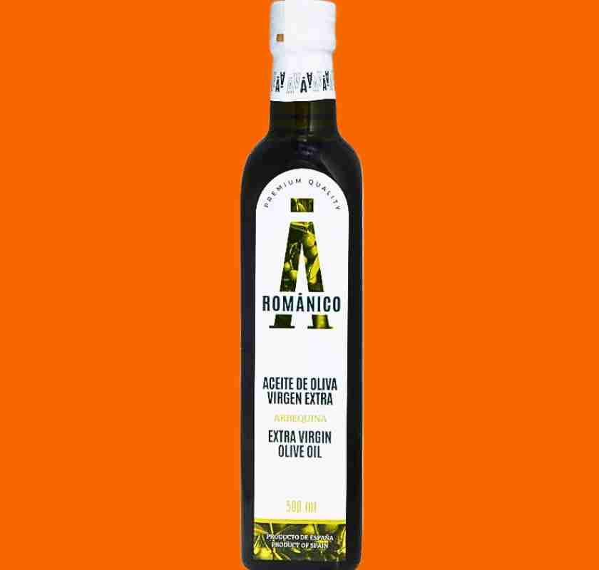Flaska med extra jungfruolja av m�rket Rom�nico. Volymen �r 500 ml och etiketten visar produktinformation p� spanska.